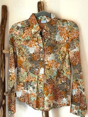 Daytrip Orange Brown Blue Floral Cotton Western Button Up Shirt Small Medium